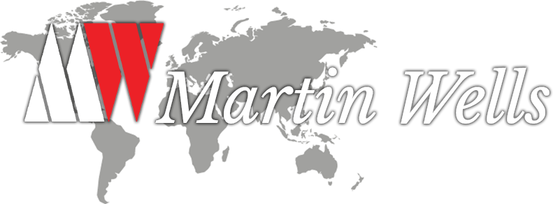 A martin wells logo with a map of the world in the background