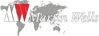 A martin wells logo with a map of the world in the background