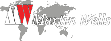 A martin wells logo with a map of the world in the background