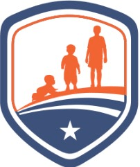 A shield with three children standing on top of a hill.