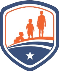 A shield with three children standing on top of a hill.