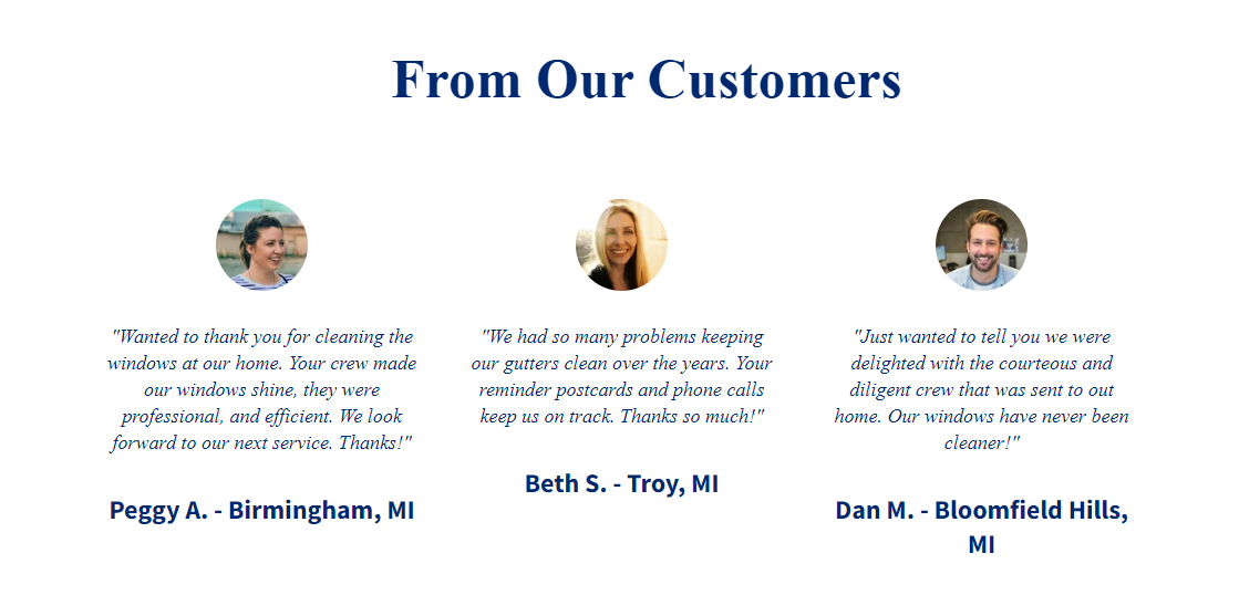 A page with three pictures of people and the words `` from our customers ''