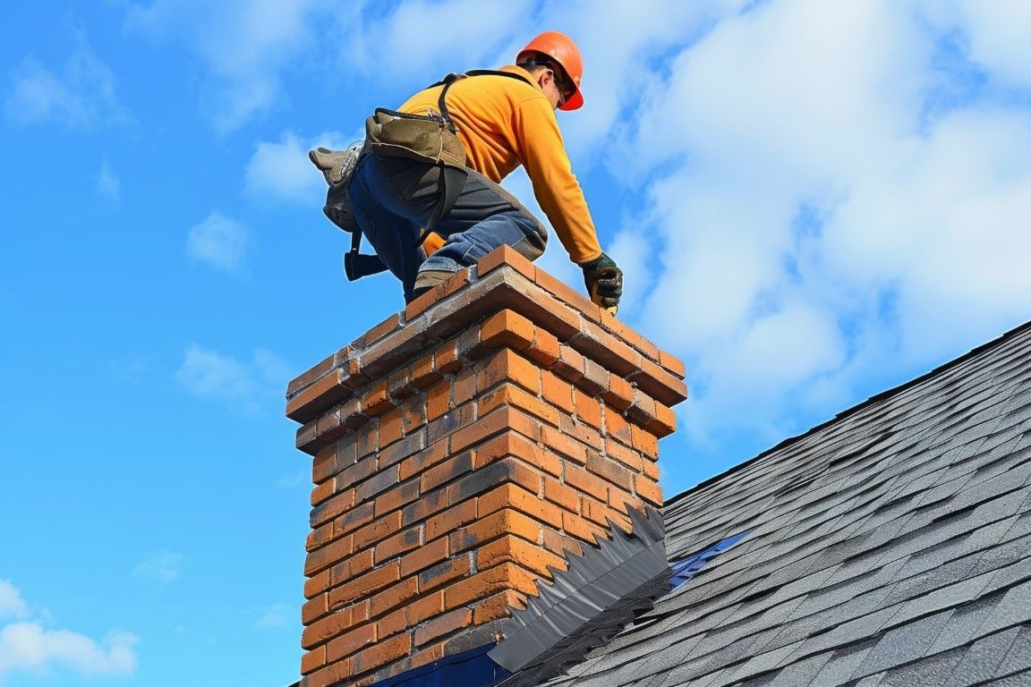 Worker in orange hard hat repairing a brick chimney on a shingled roof against a blue sky
