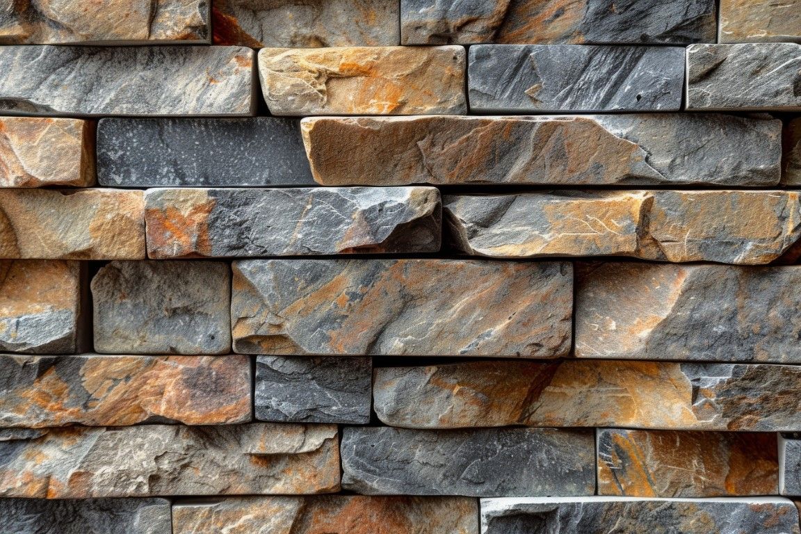 Close-up of a stacked stone wall with gray, brown, and rust-colored blocks