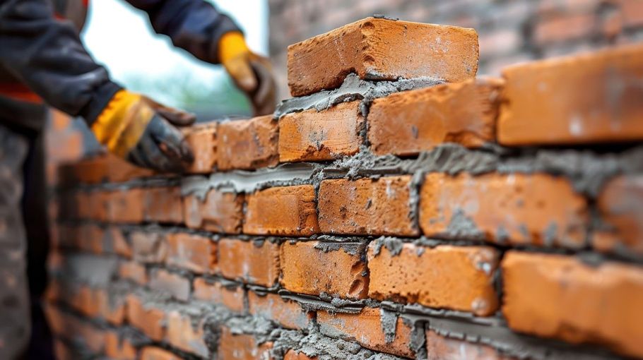 Masons laying orange bricks and gray mortar on a wall at a construction site