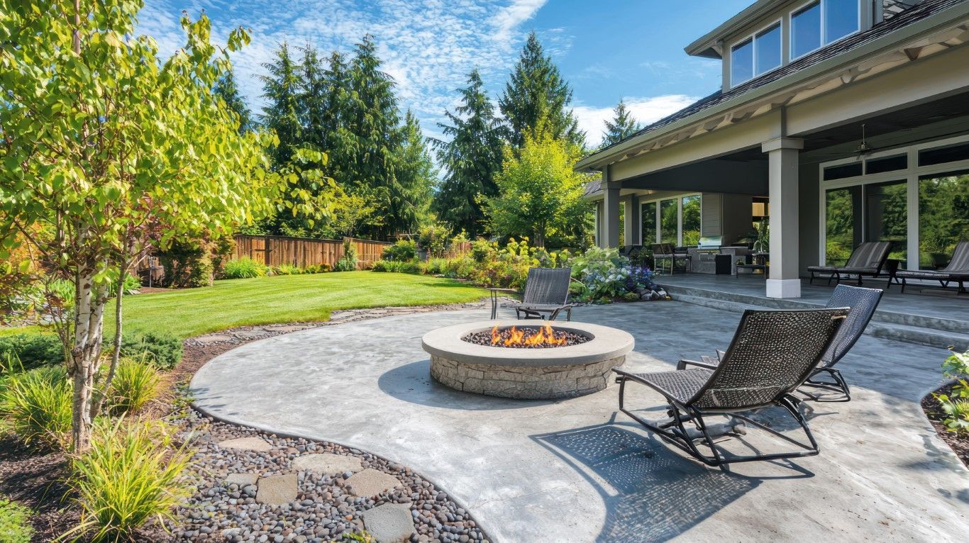 Backyard patio with a fire pit, two lounge chairs, and a landscaped green lawn beside a house