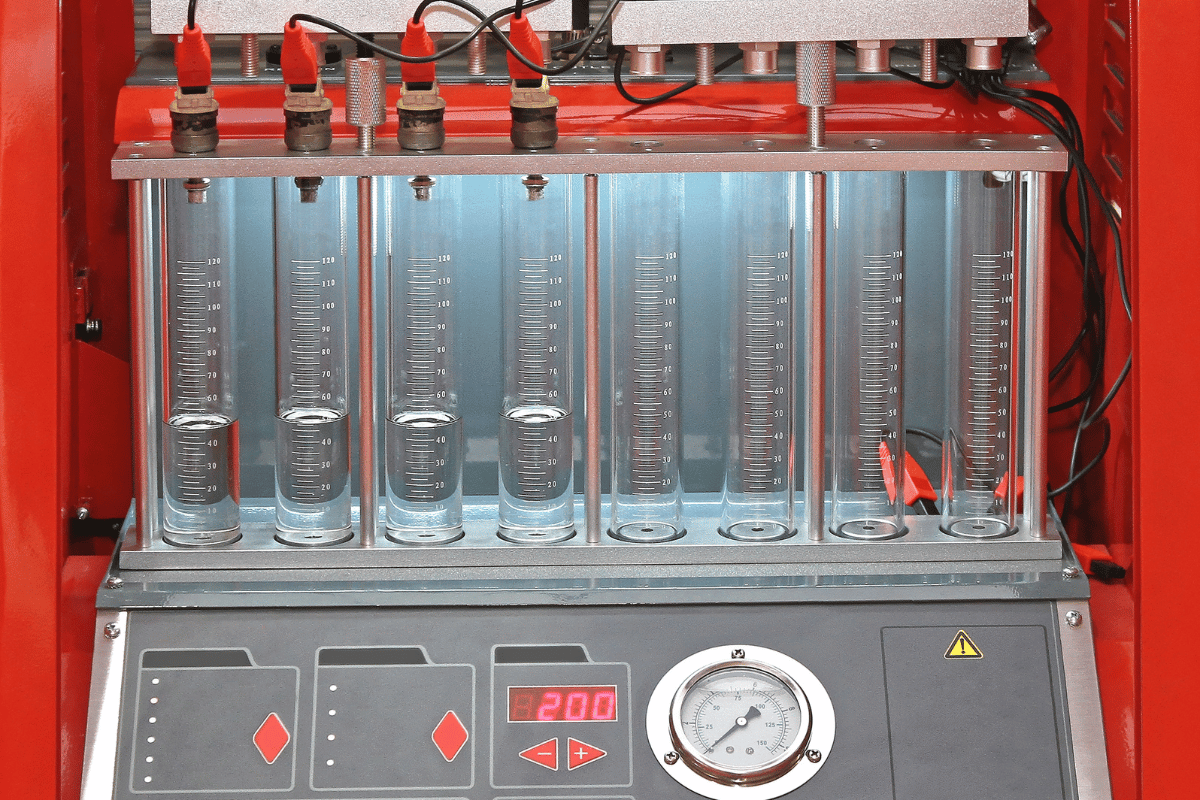 Laboratory apparatus with six clear test tubes in a red frame and a control dial