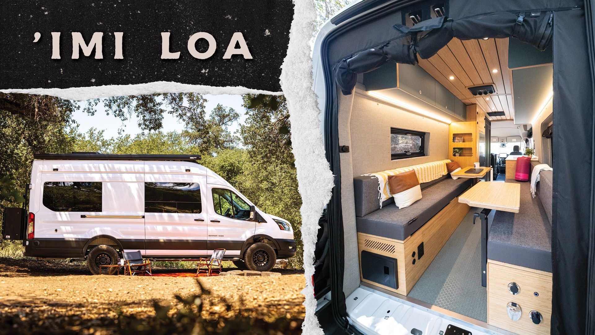 White camper van parked outdoors; interior shows a compact, modern wood-finished living space.