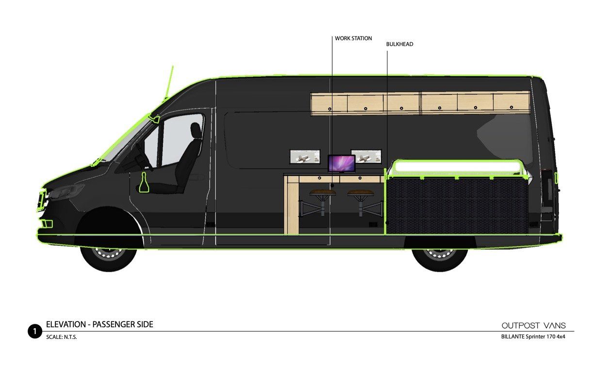 A drawing of a black van showing the interior