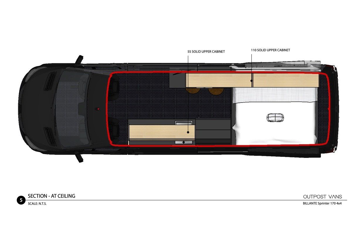 An aerial view of a black van with wooden shelves.