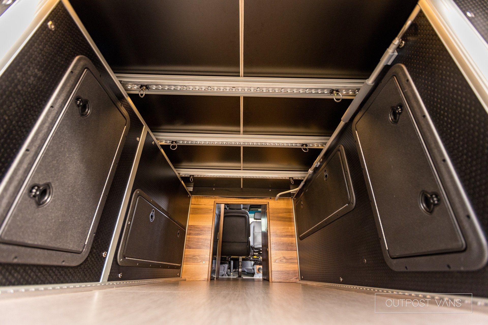 Looking up at the ceiling of a camper van