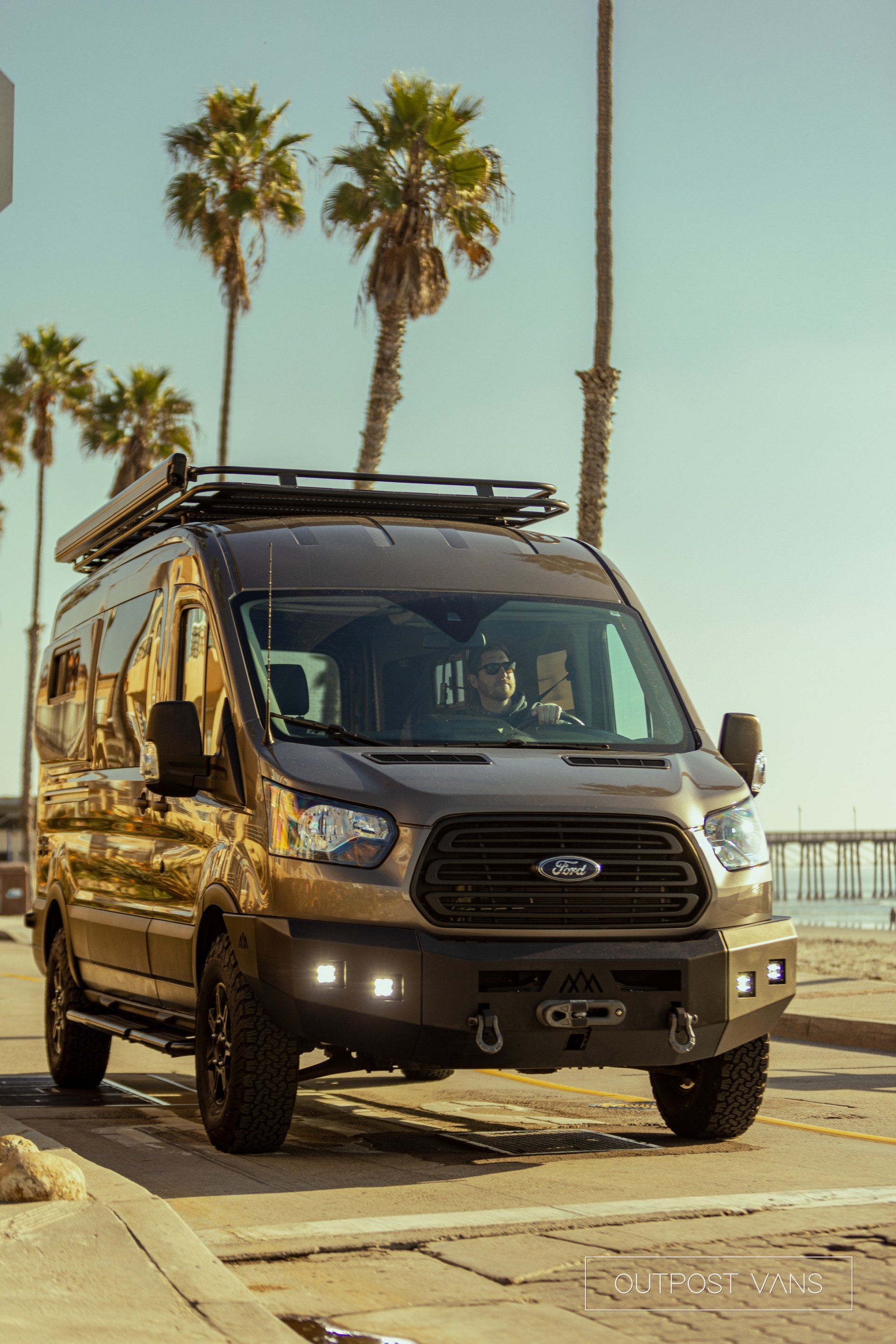 a van is parked on the side of the road next to palm trees .