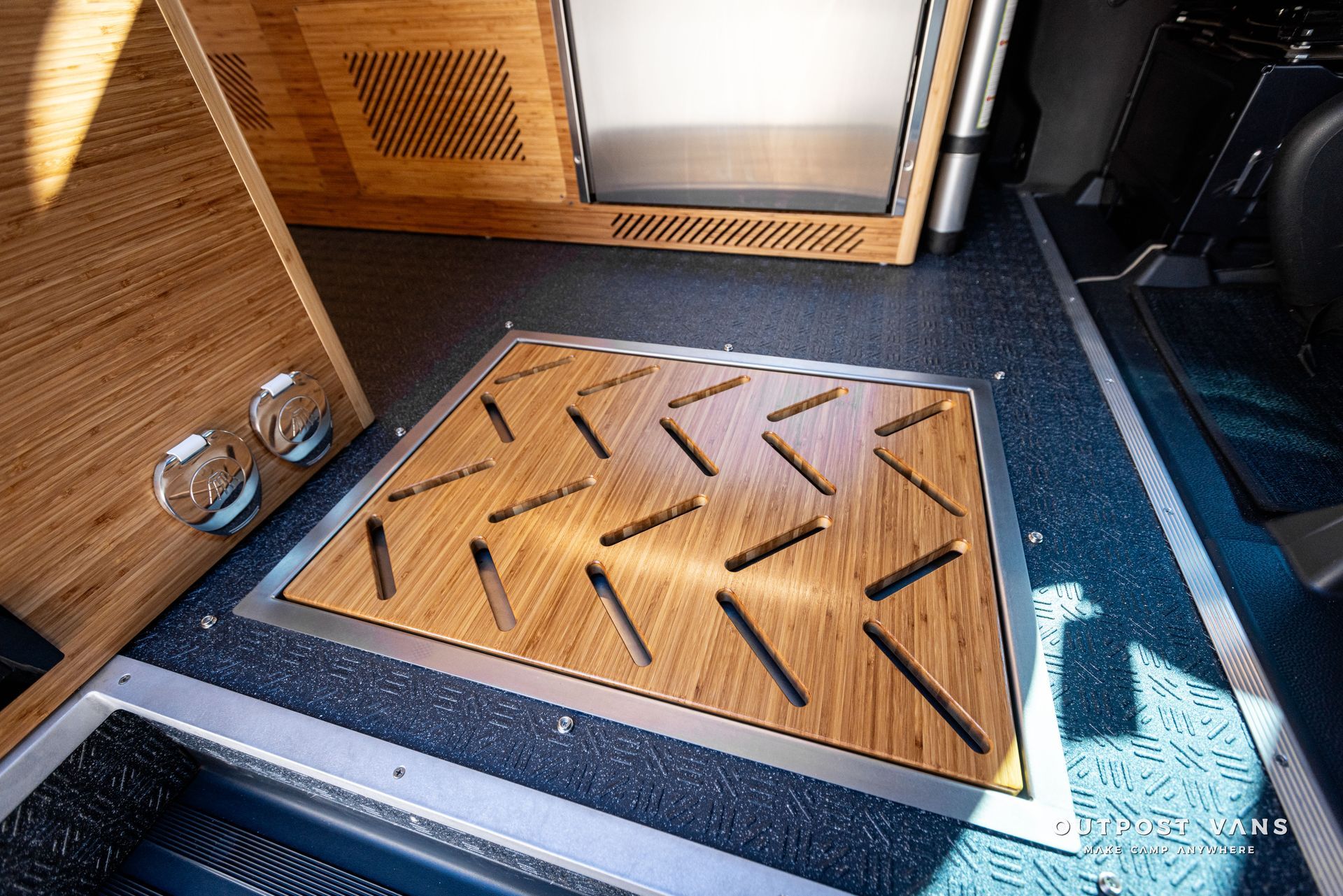 outpost vans in floor shower pan with bamboo insert