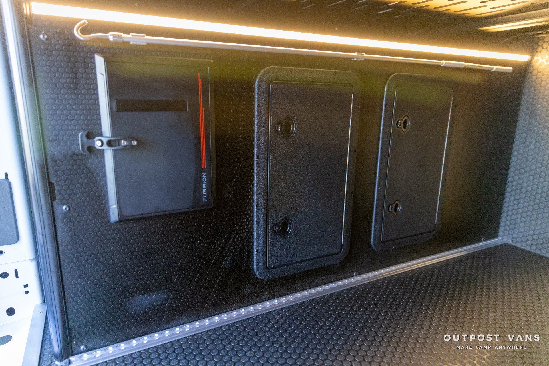 the inside of a van with a lot of doors and a mailbox .