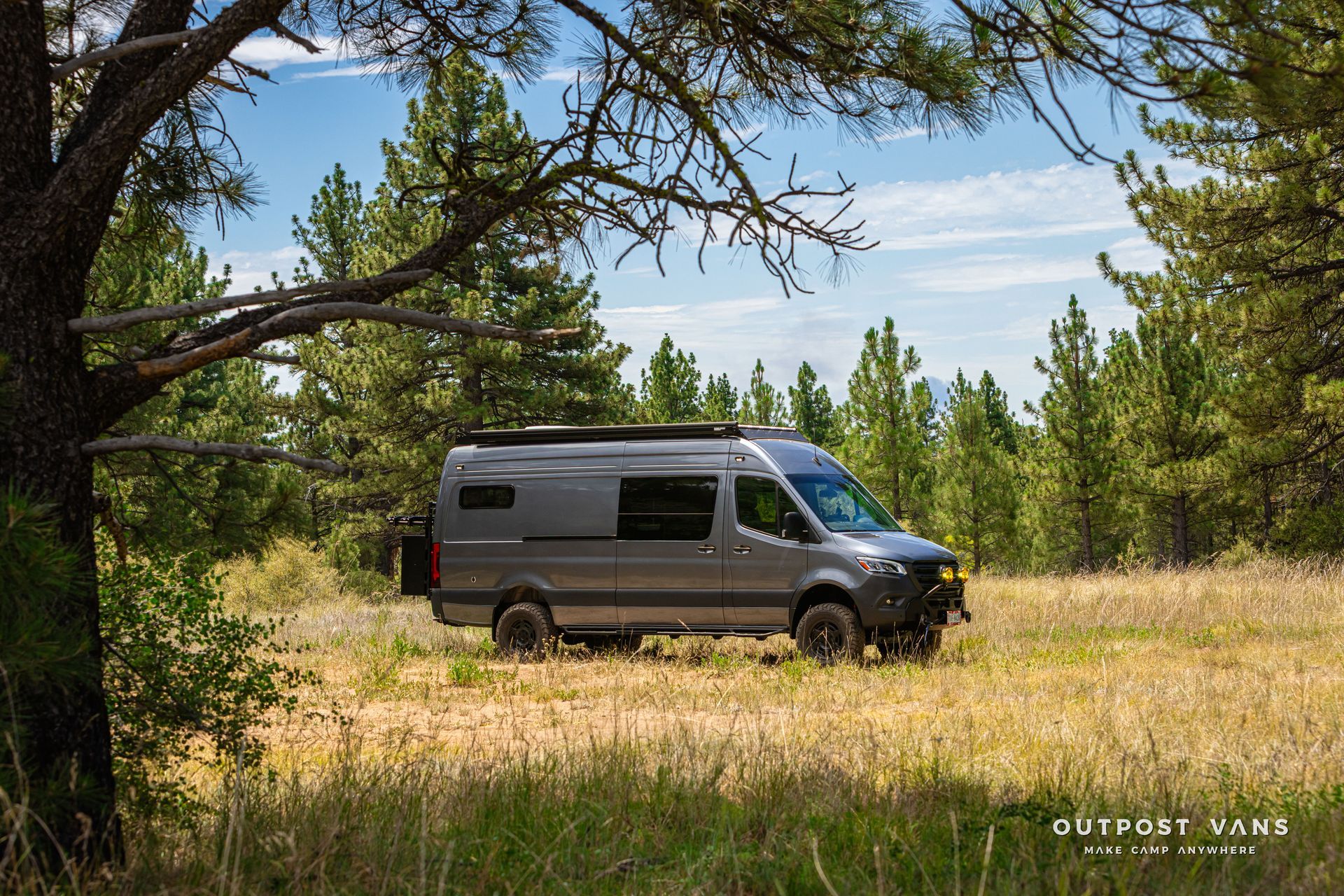A van is parked in a field next to a tree. Outpost vans Sprinter 170 AWD.