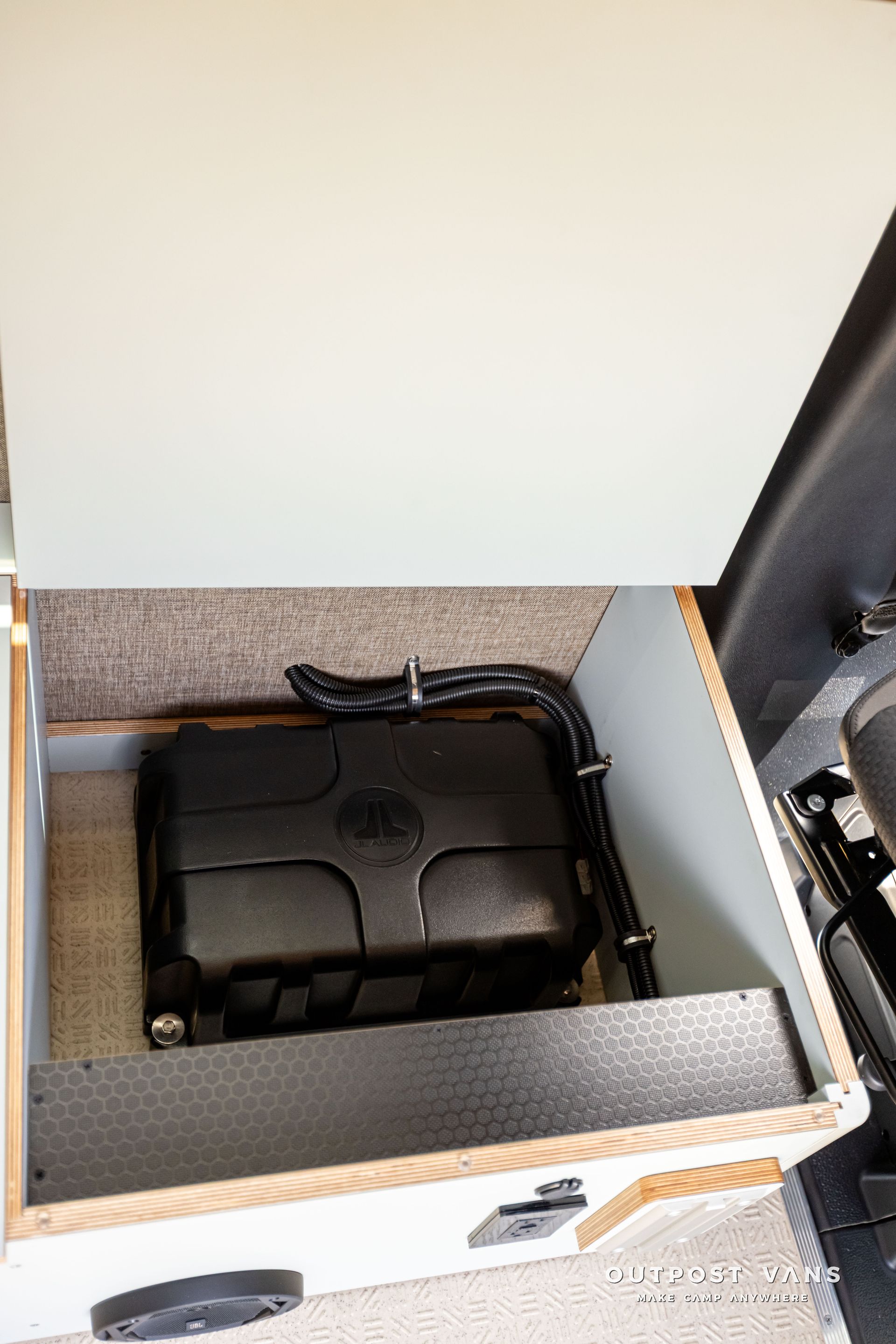 A black box is sitting inside of a white box. Outpost vans Sprinter 170 AWD.