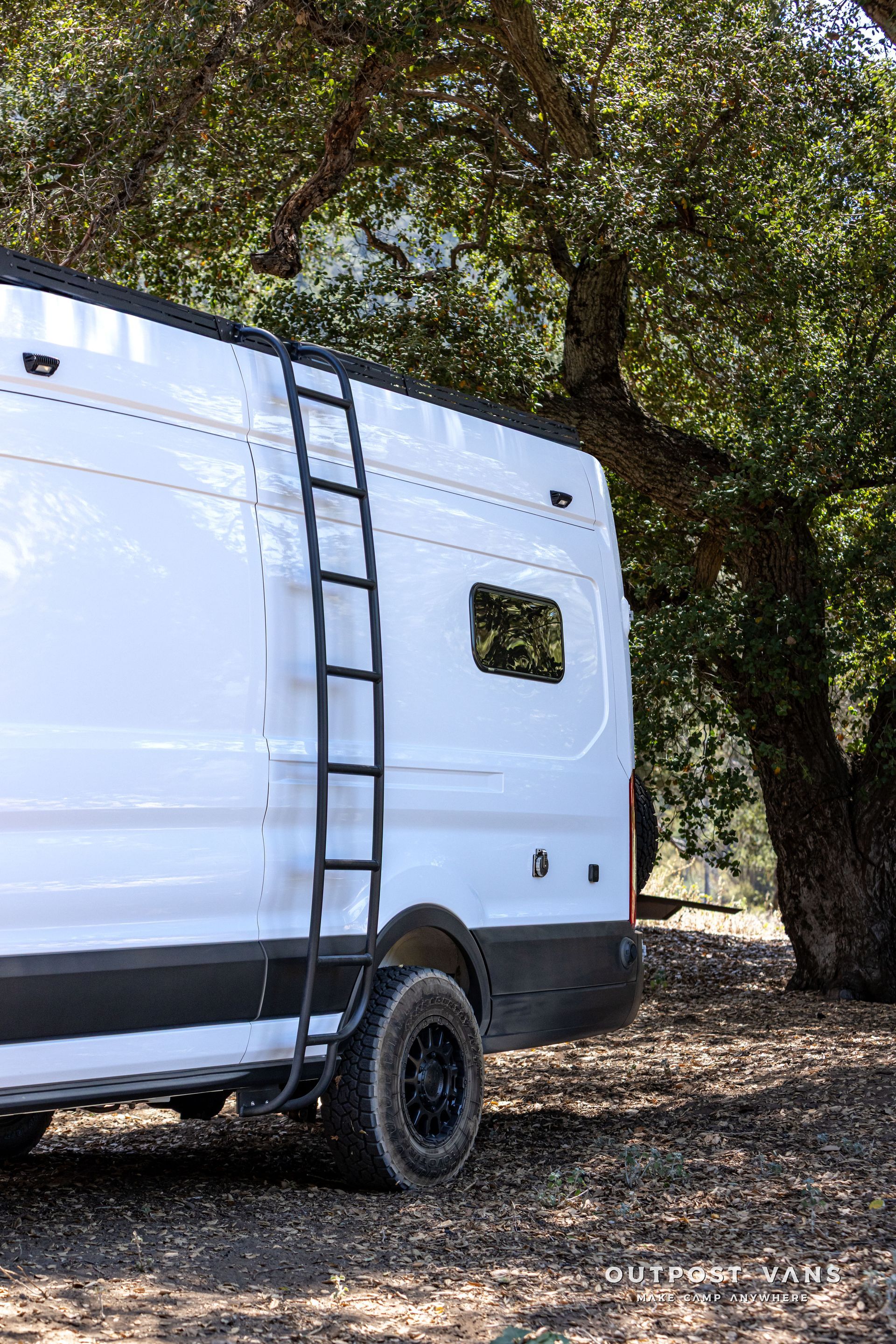 White van parked under a tree in a wooded area