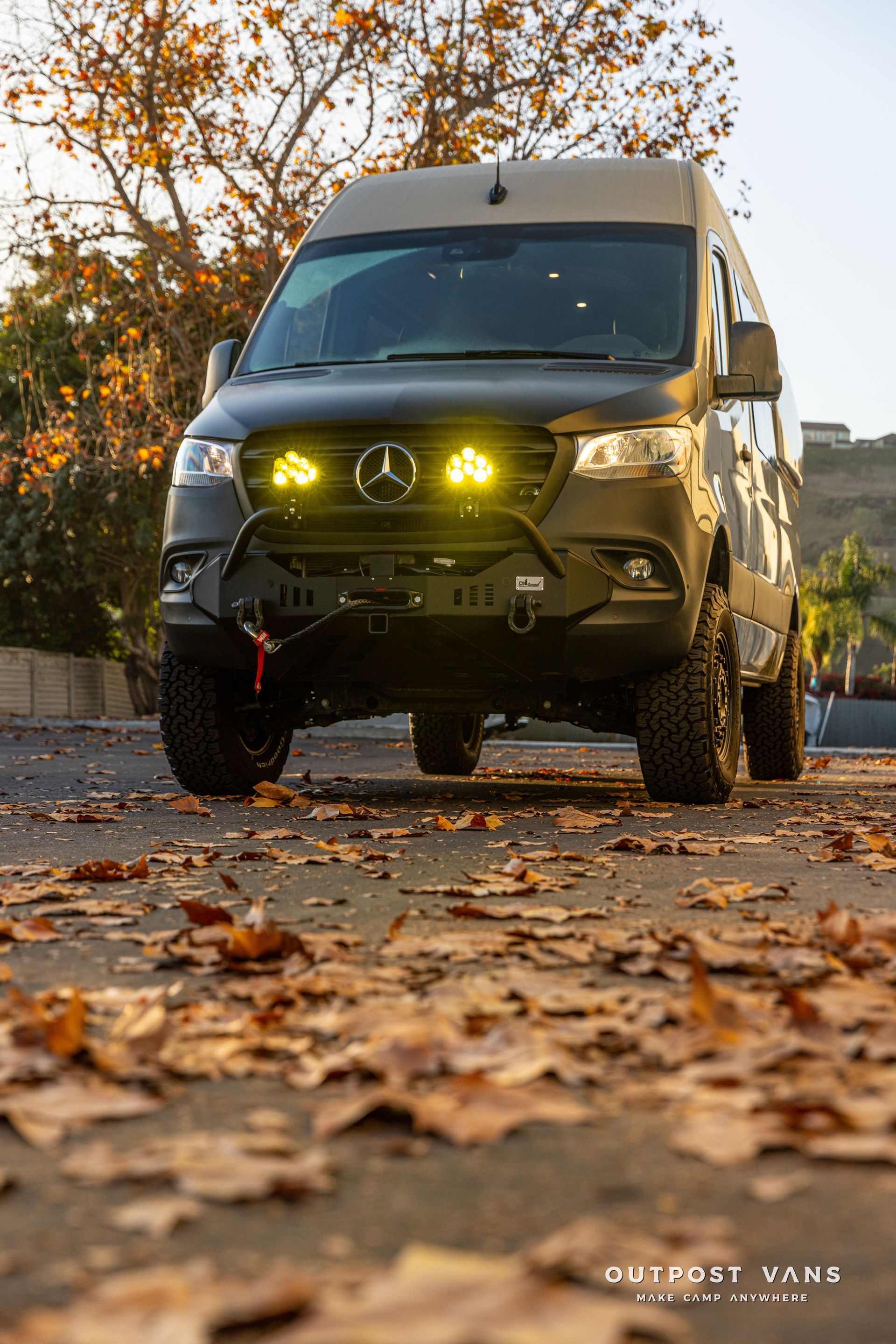 a mercedes sprinter van is parked on the side of a road covered in leaves .