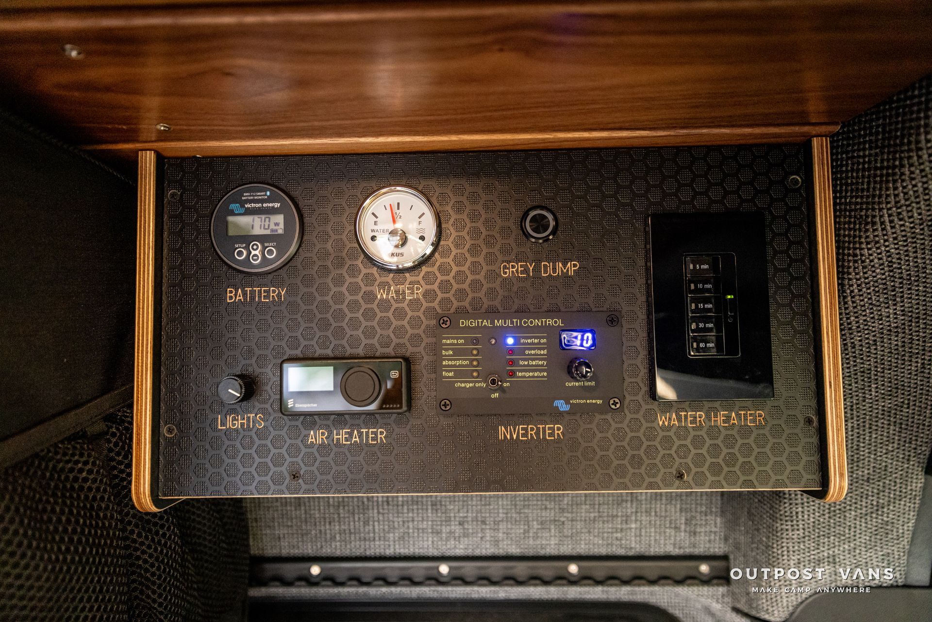 a wooden shelf with a bunch of electronics on it .