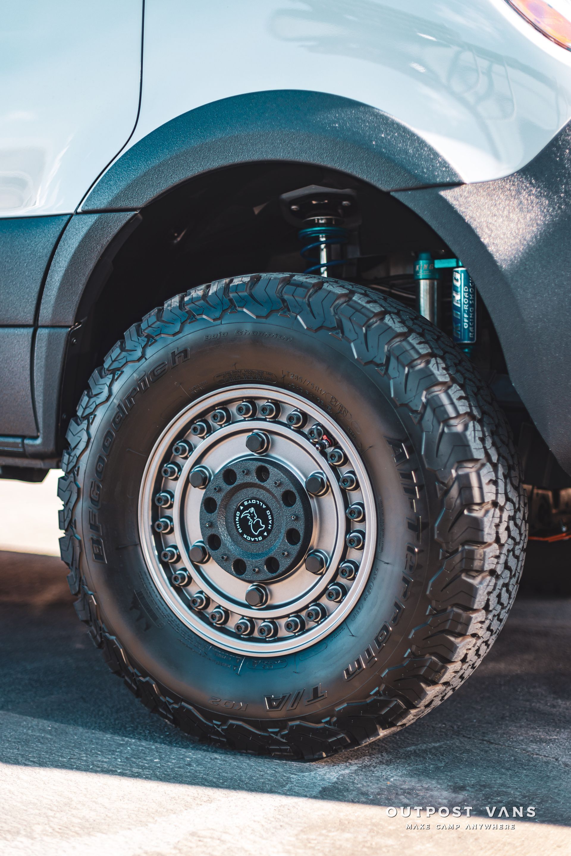 A close up of a tire on a truck.