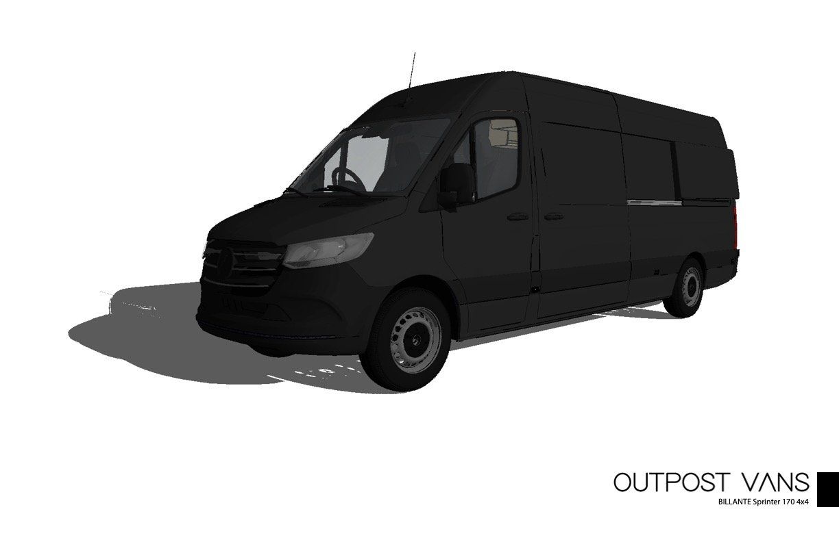 A black van is sitting on a white surface.