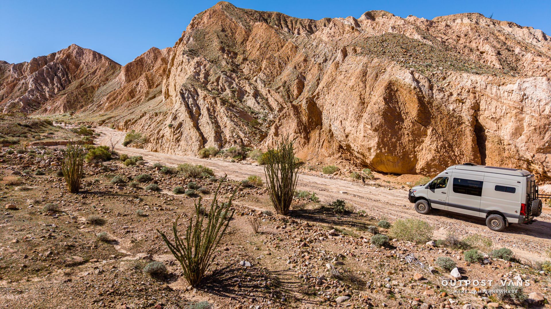 White van parked beside rocky desert cliffs under a clear blue sky.
