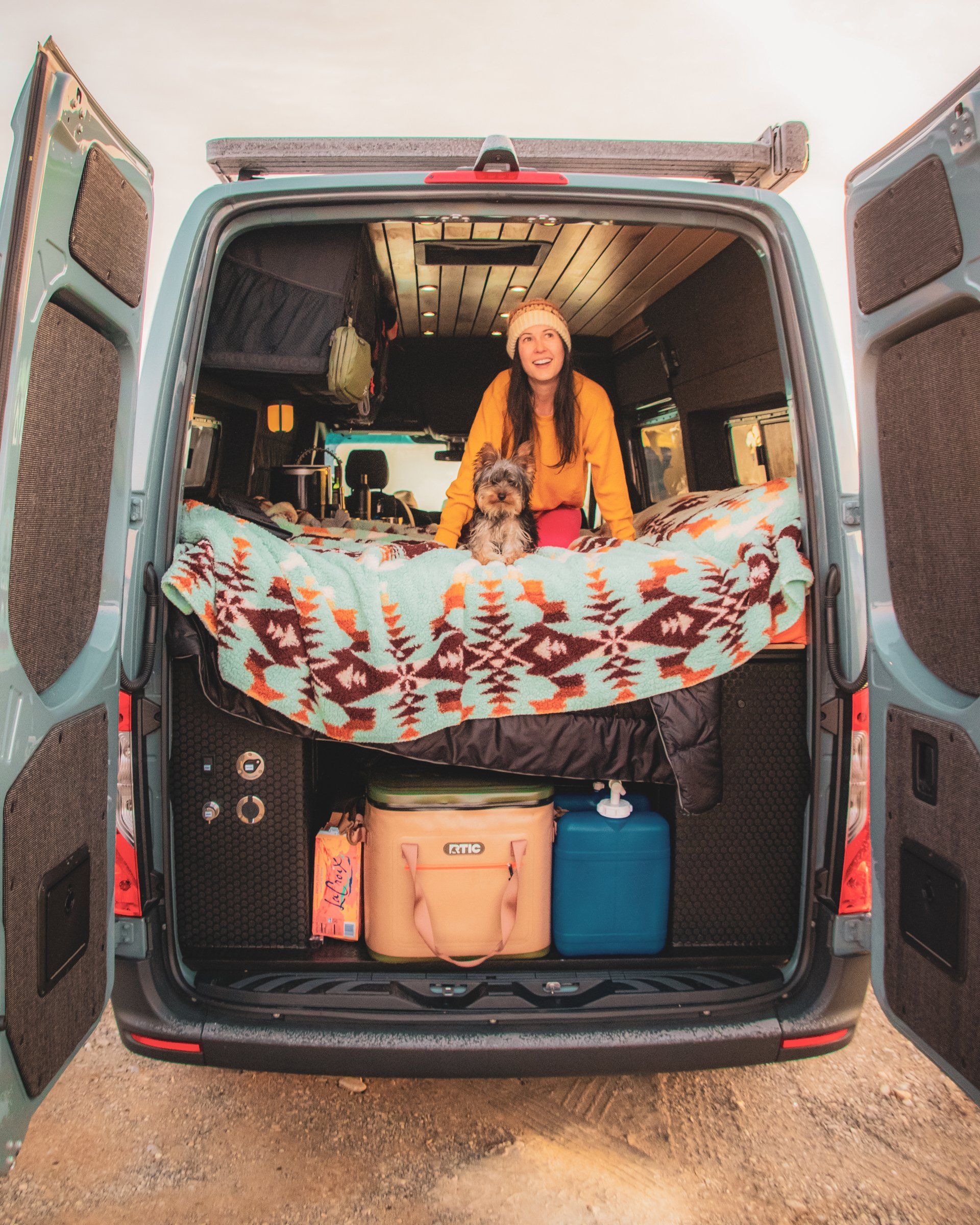 a woman is sitting in the back of a van with her dog .