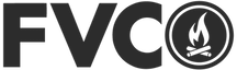 a black and white logo for fvco with a flame in a circle .