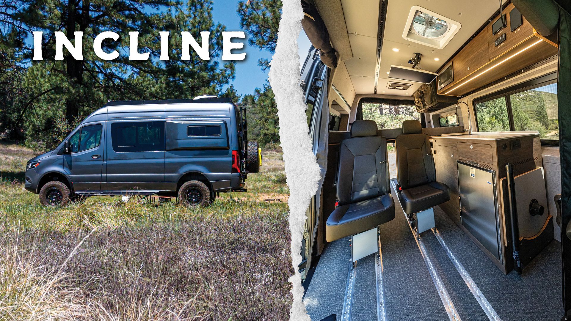 Blue camper van and interior conversion with bed and seating, shown in a split-view labeled “INCLINE.”
