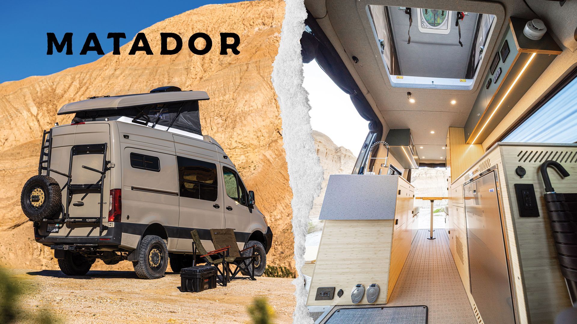Matador camper van with rooftop tent, shown on desert rocks and in a modern interior cutaway view