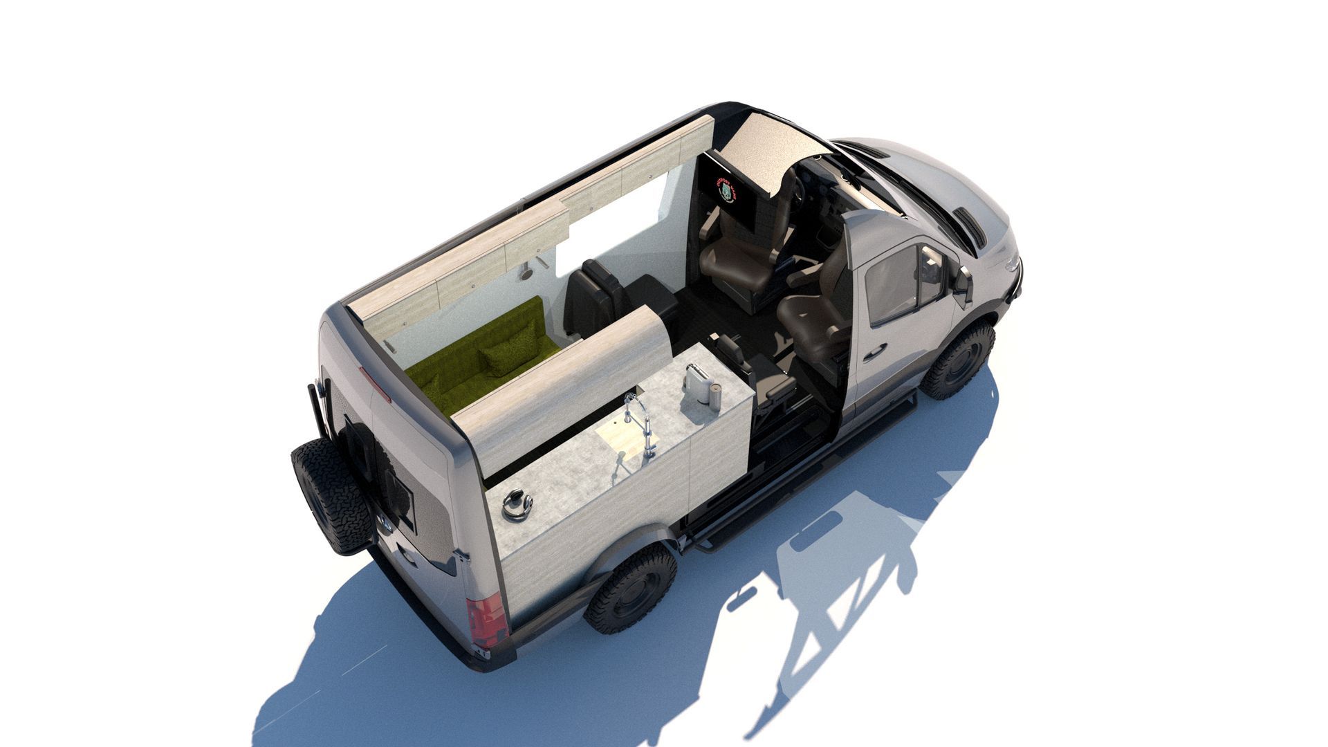 an aerial view of a white van with a camper inside of it .