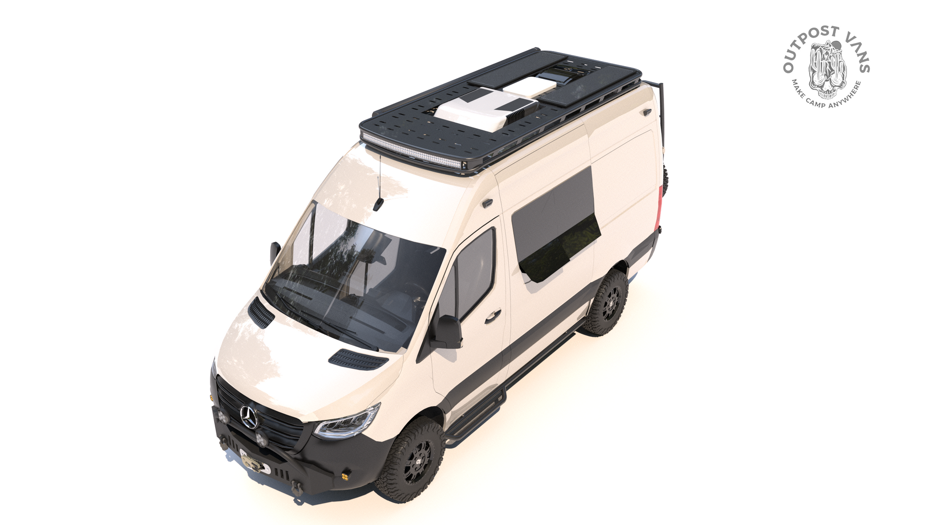 Cream-colored campervan with black accents, roof rack, and side window, parked outdoors.