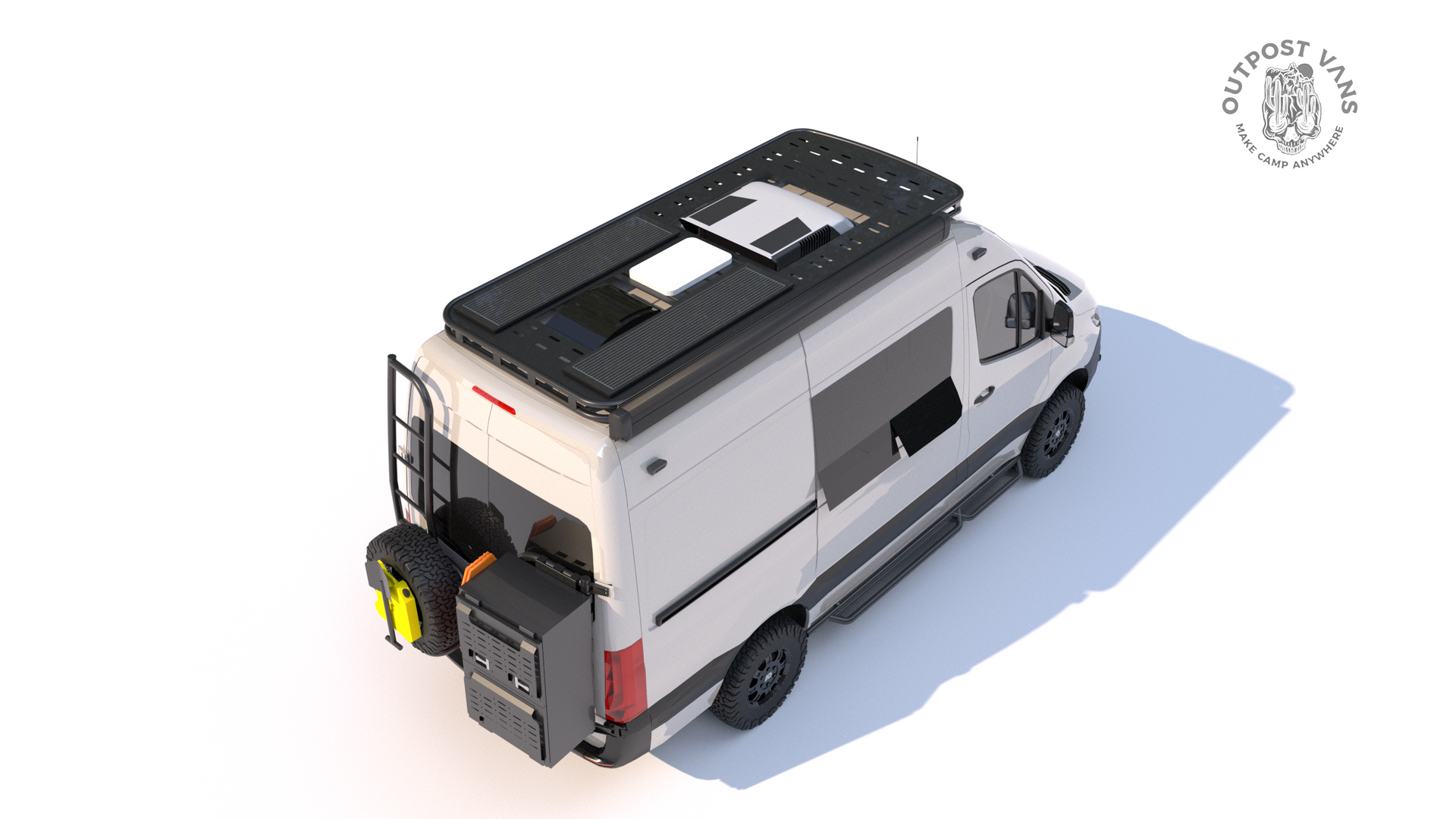 White camper van with black accessories, rooftop solar panels, ladder, spare tire carrier, on white background.