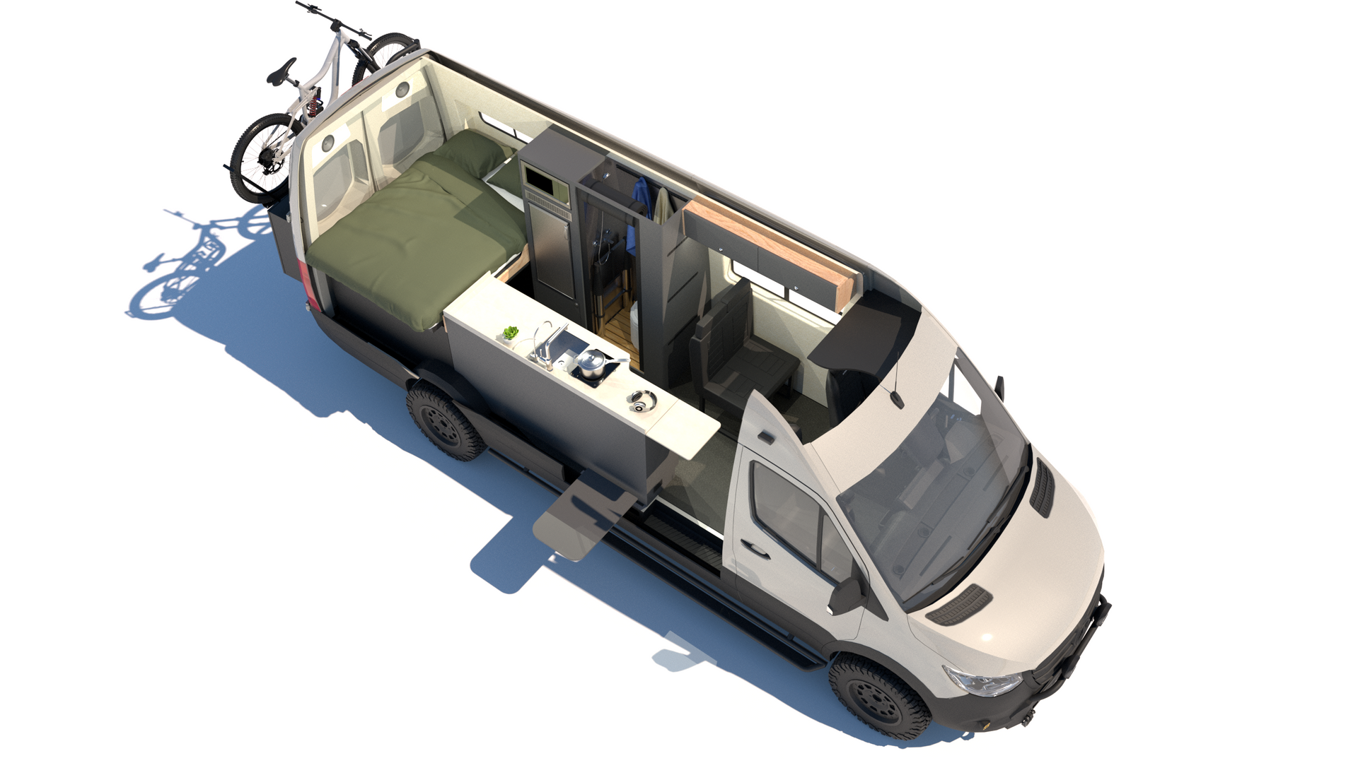 Overhead view of a camper van interior, featuring a bed, kitchen, storage, and bicycle rack on the rear.