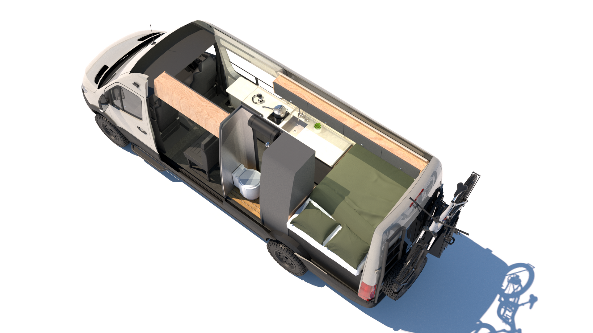 Overhead view of a converted van interior, showing a kitchen, seating, and a bed; light wood and green accents.
