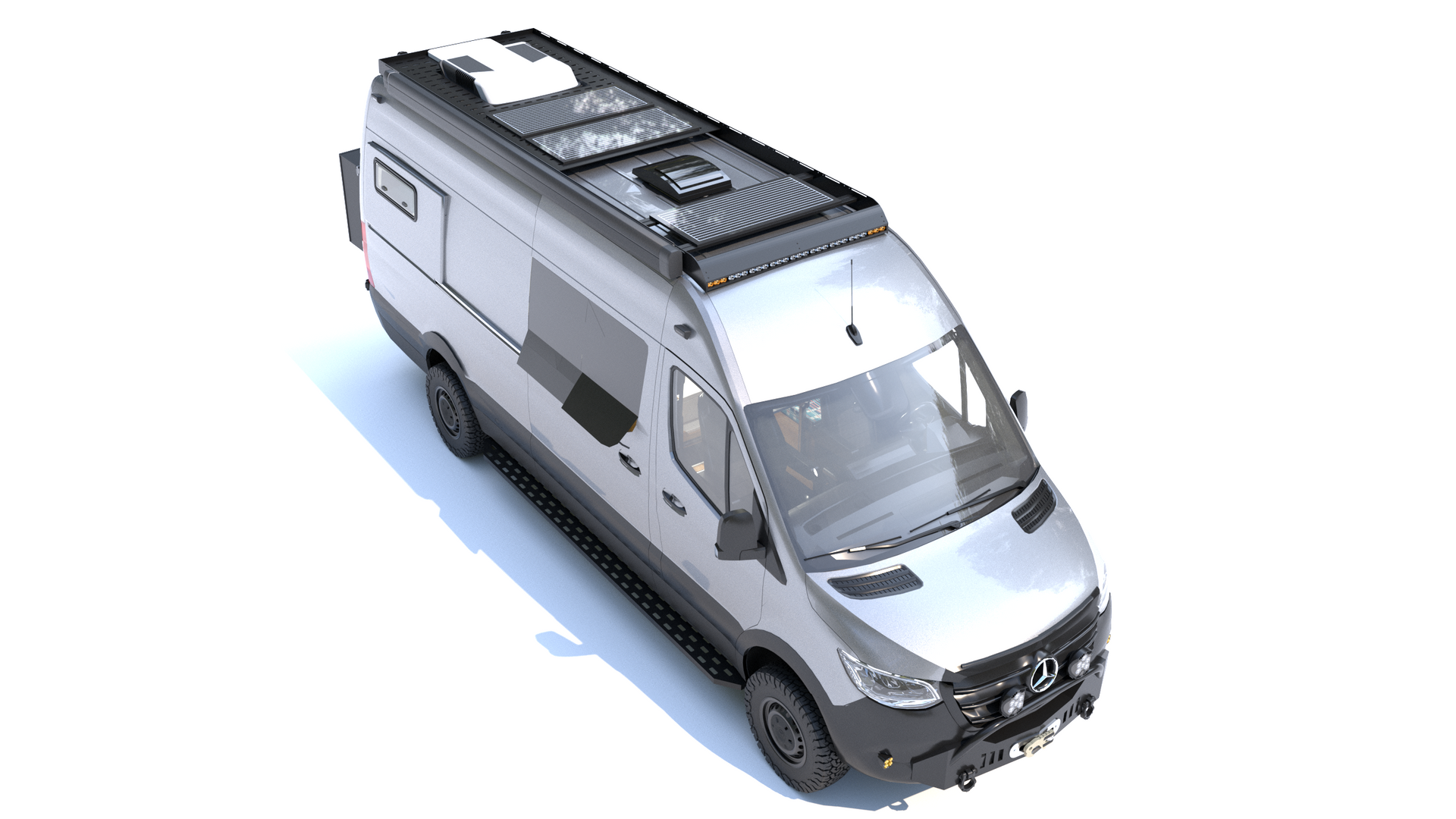 Silver camper van angled upwards against white background.