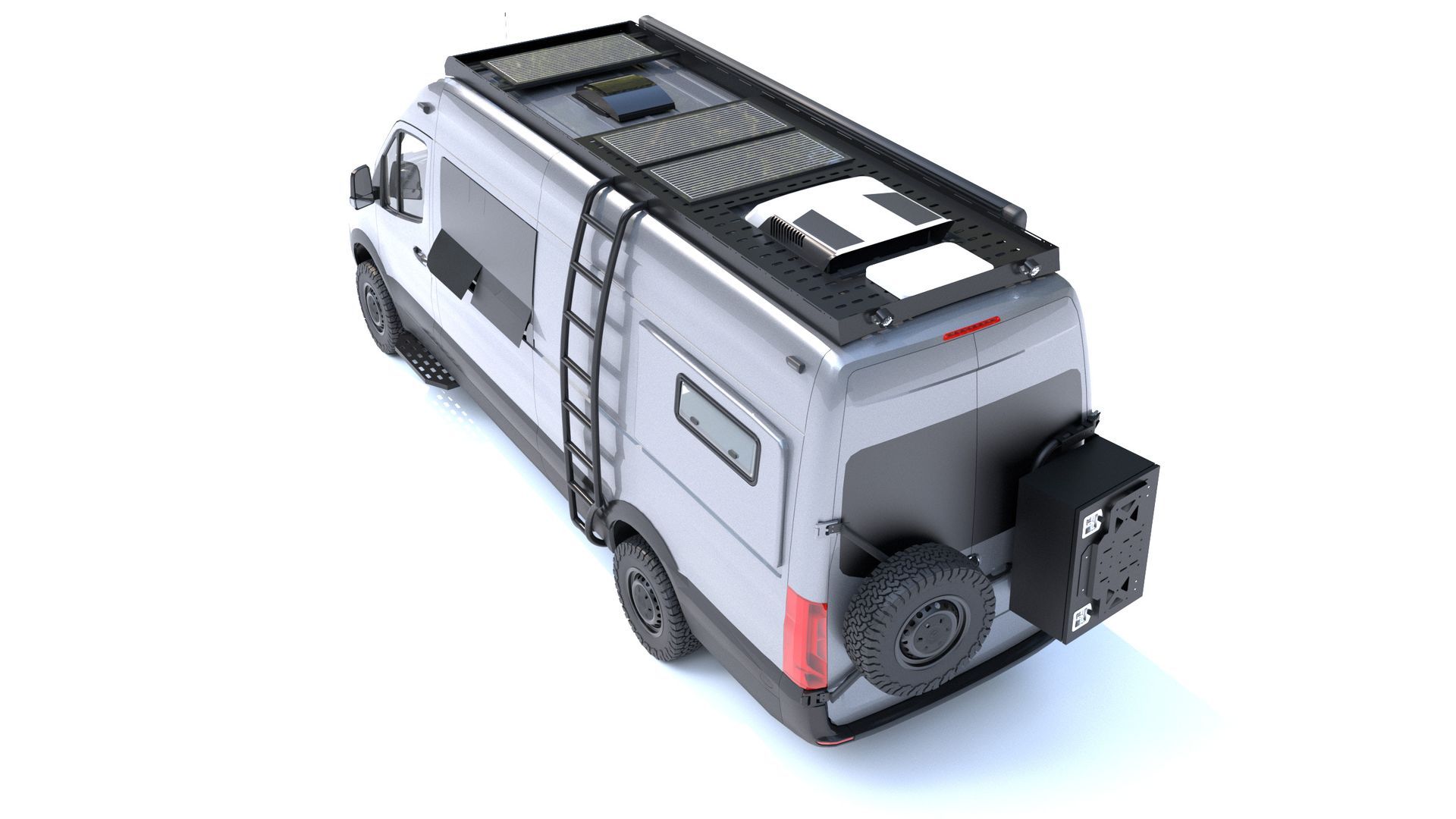 Silver camper van with roof-mounted solar panels, ladder, spare tire, and black rear storage box.
