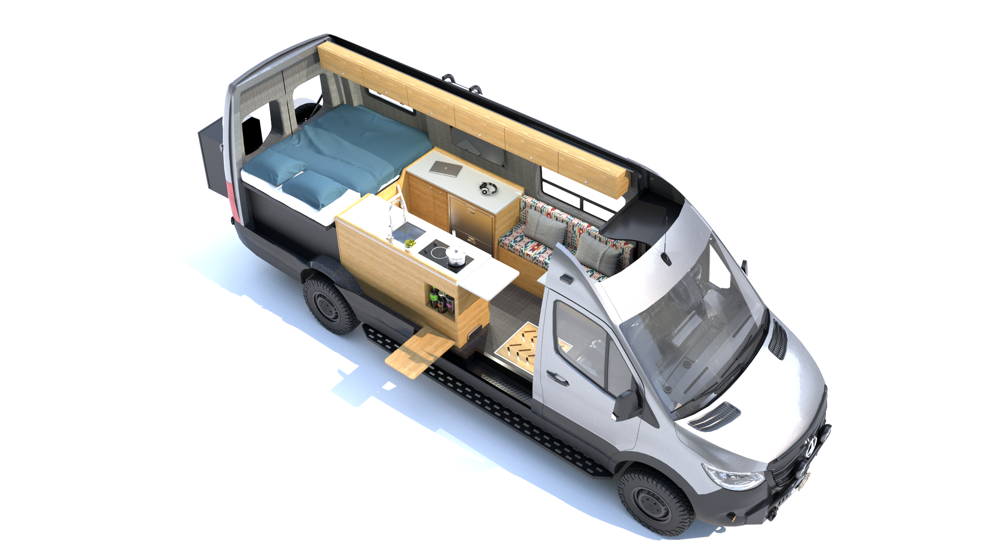 Cutaway view of a camper van interior with bed, kitchen, and storage. Gray exterior, wooden interior, blue bedding.