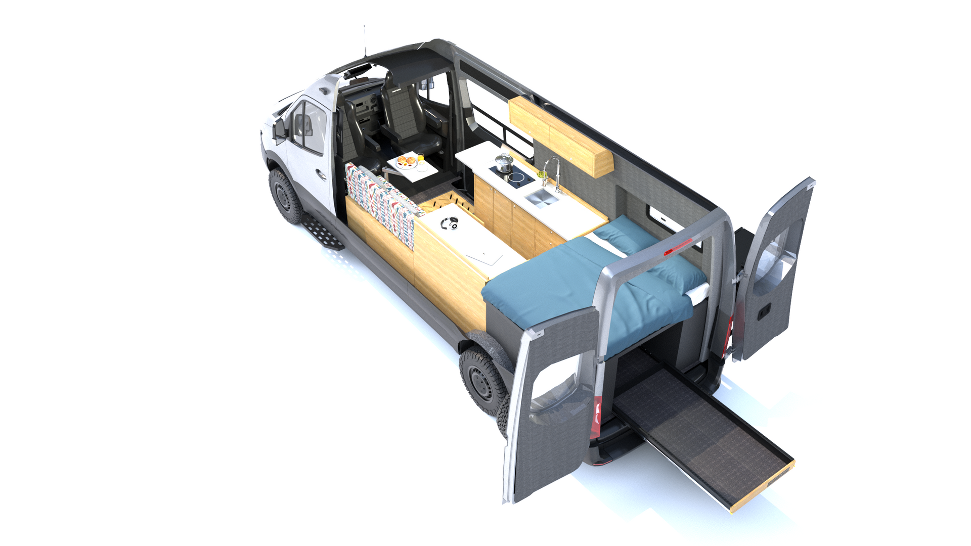 Cutaway view of a camper van interior with accessible ramp, featuring a bed, kitchenette, and driver's seat.