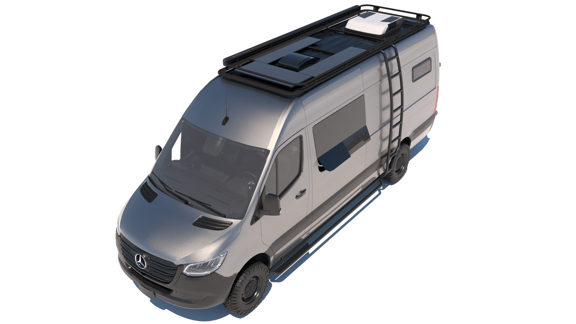 a gray van with a ladder on the roof on a white background .