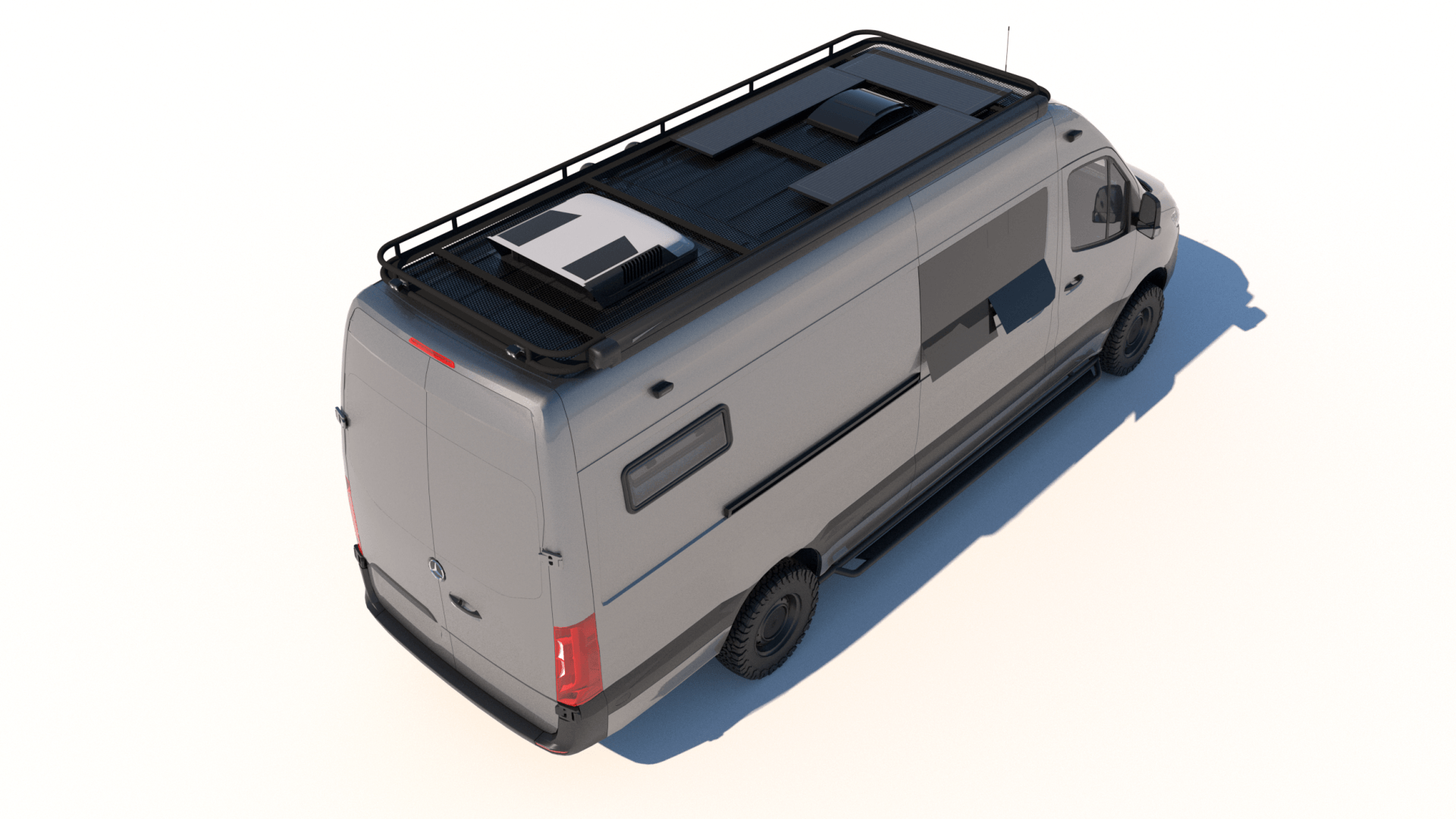 an aerial view of a van with a solar panel on the roof .