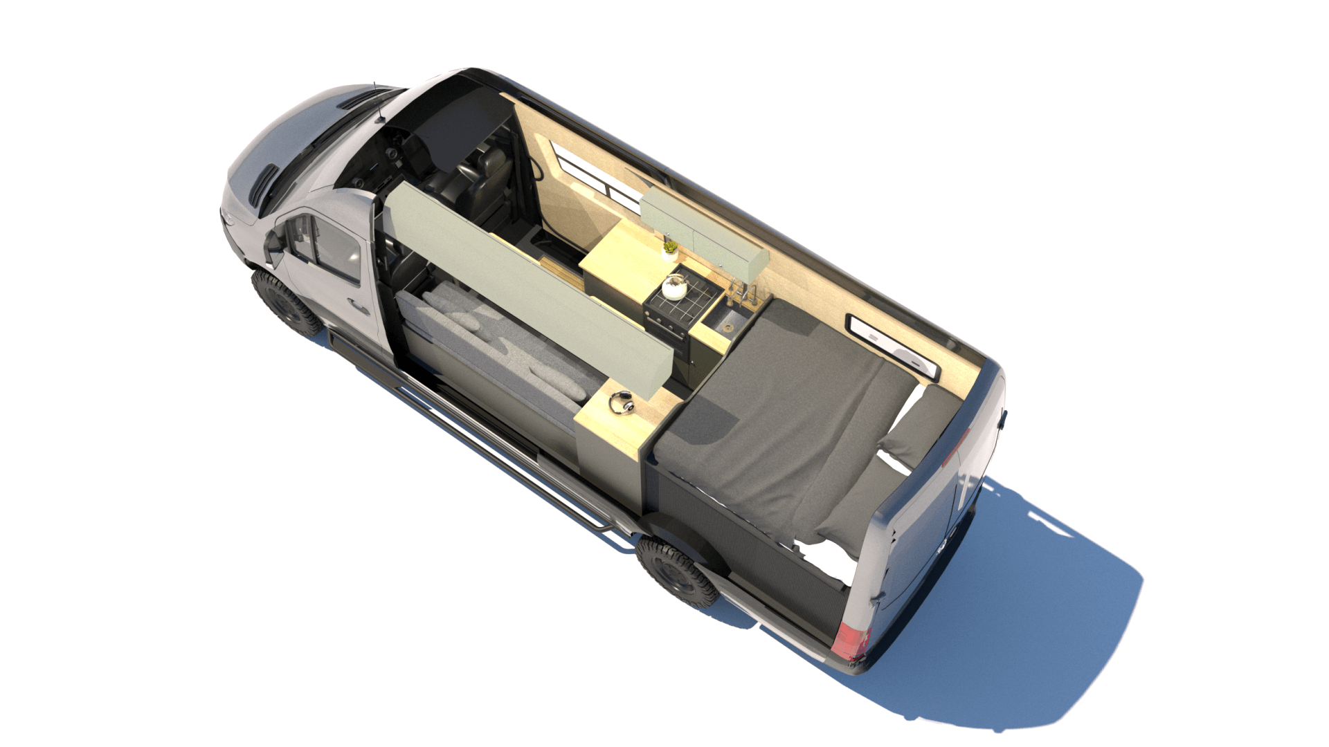 an aerial view of a van with a bed and a kitchen .