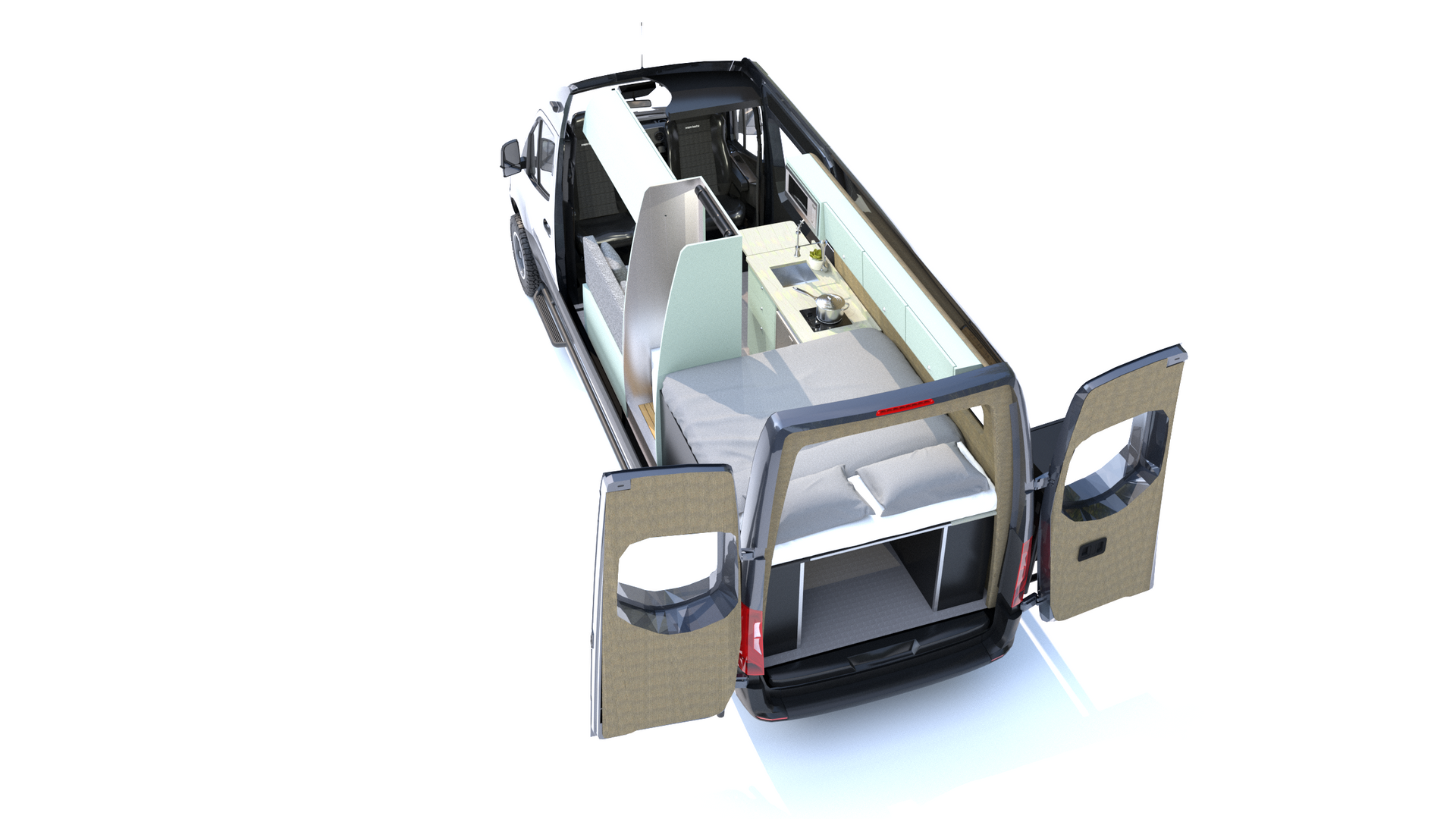 Overhead view of a camper van interior with opened doors, showcasing a bed, kitchen, and seating in light colors.