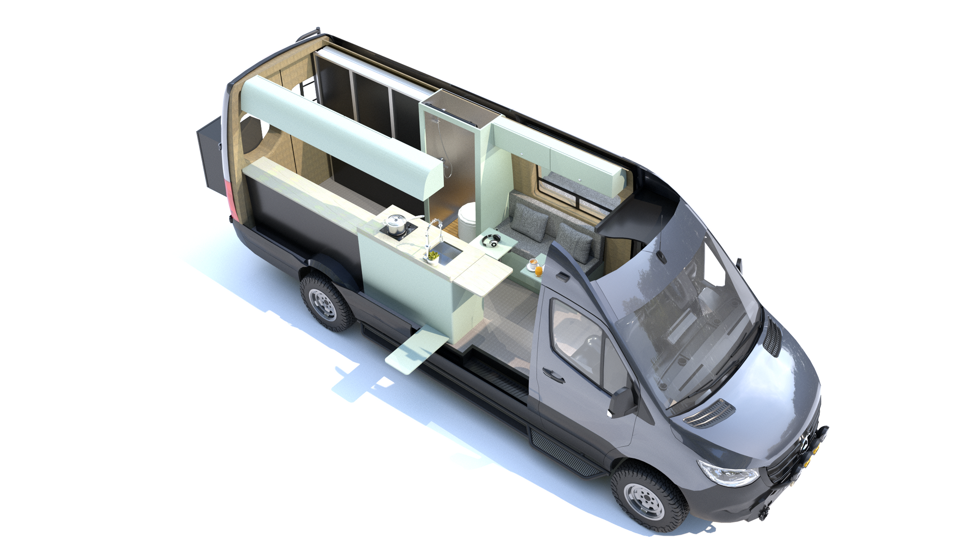 Isometric view of a gray camper van with interior layout visible, including kitchen and living spaces.