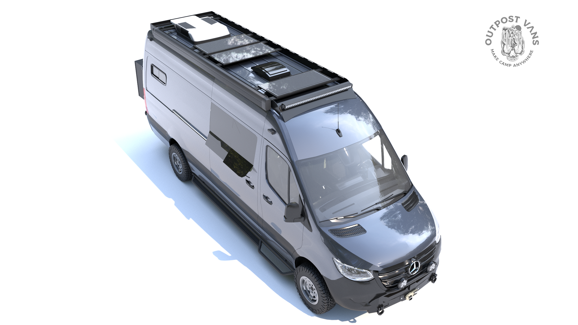 Gray camper van from a high angle. Solar panels on roof, side window, and white background.