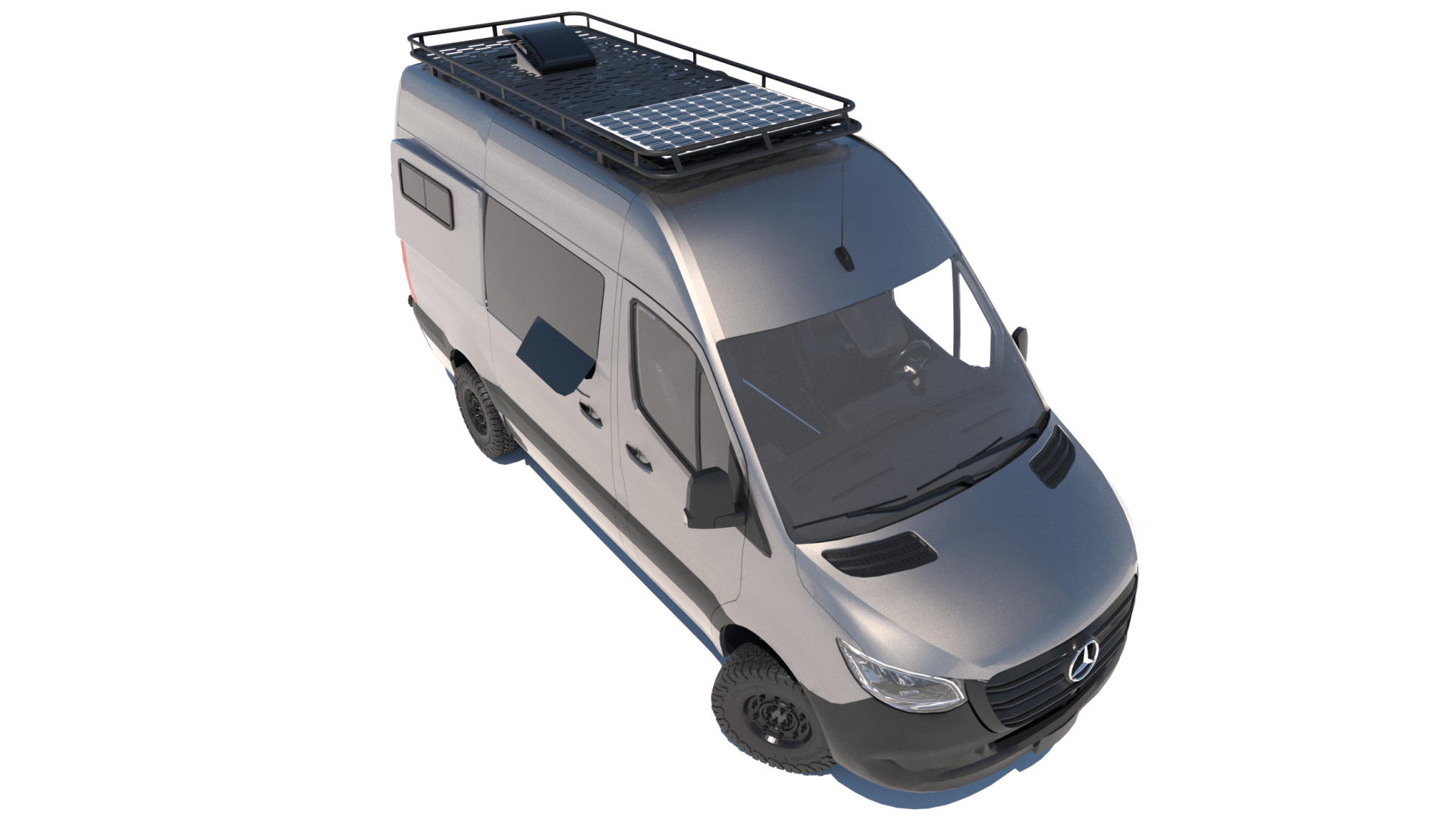 a gray van with a solar panel on the roof .