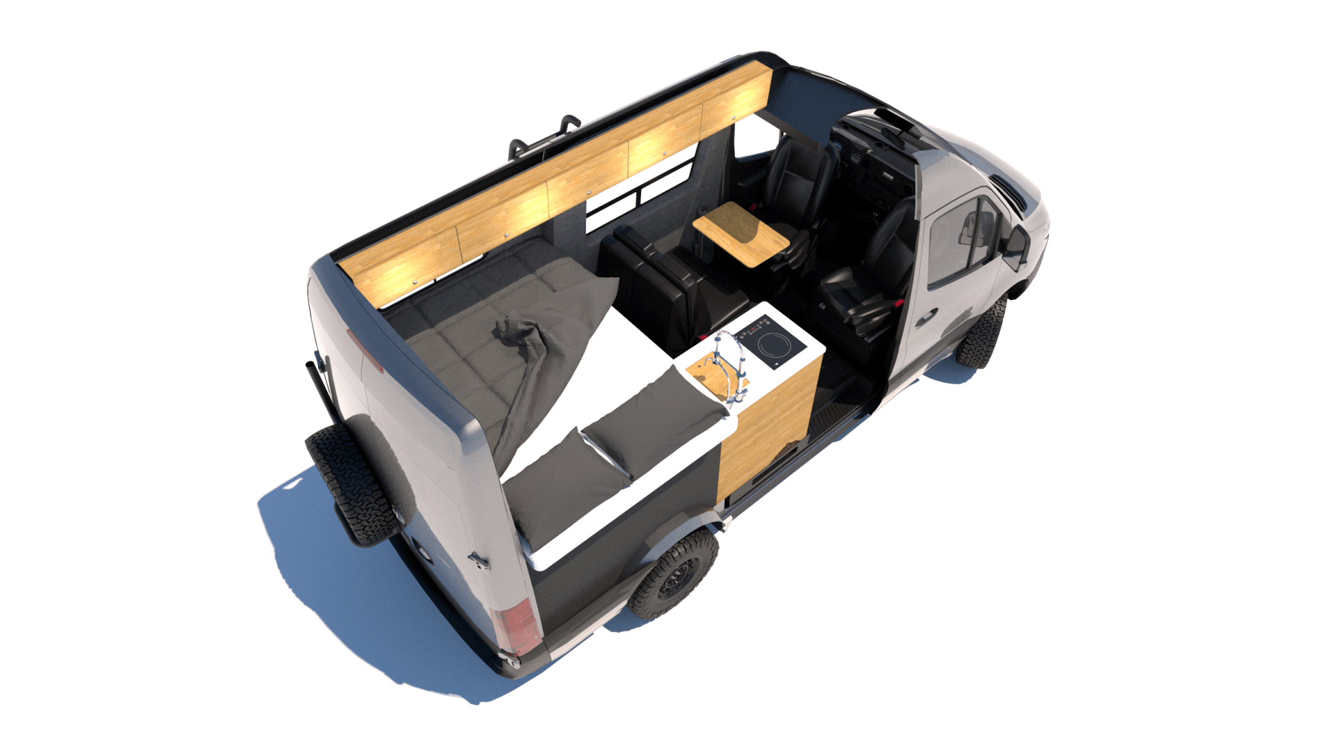 an aerial view of a van with a kitchen and a table .