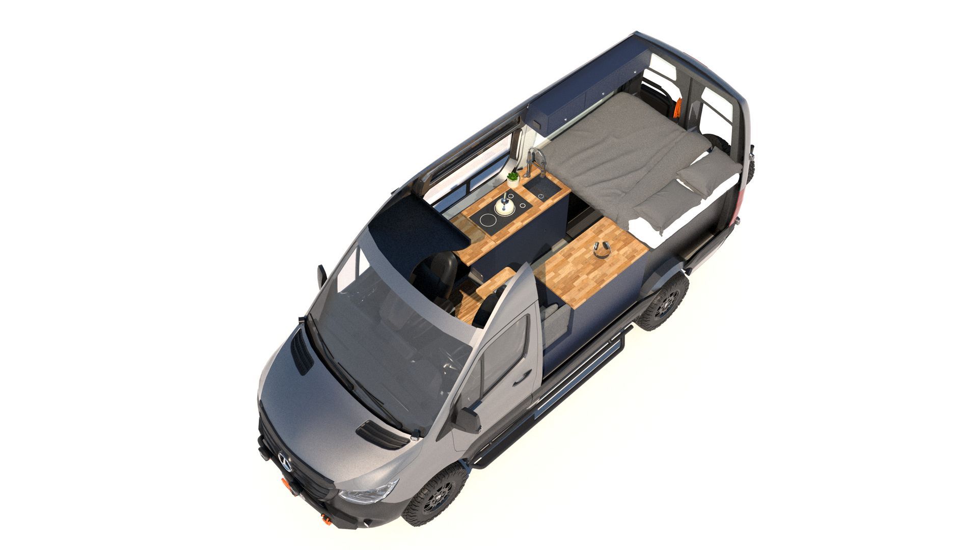 an aerial view of a van with a bed and a table .
