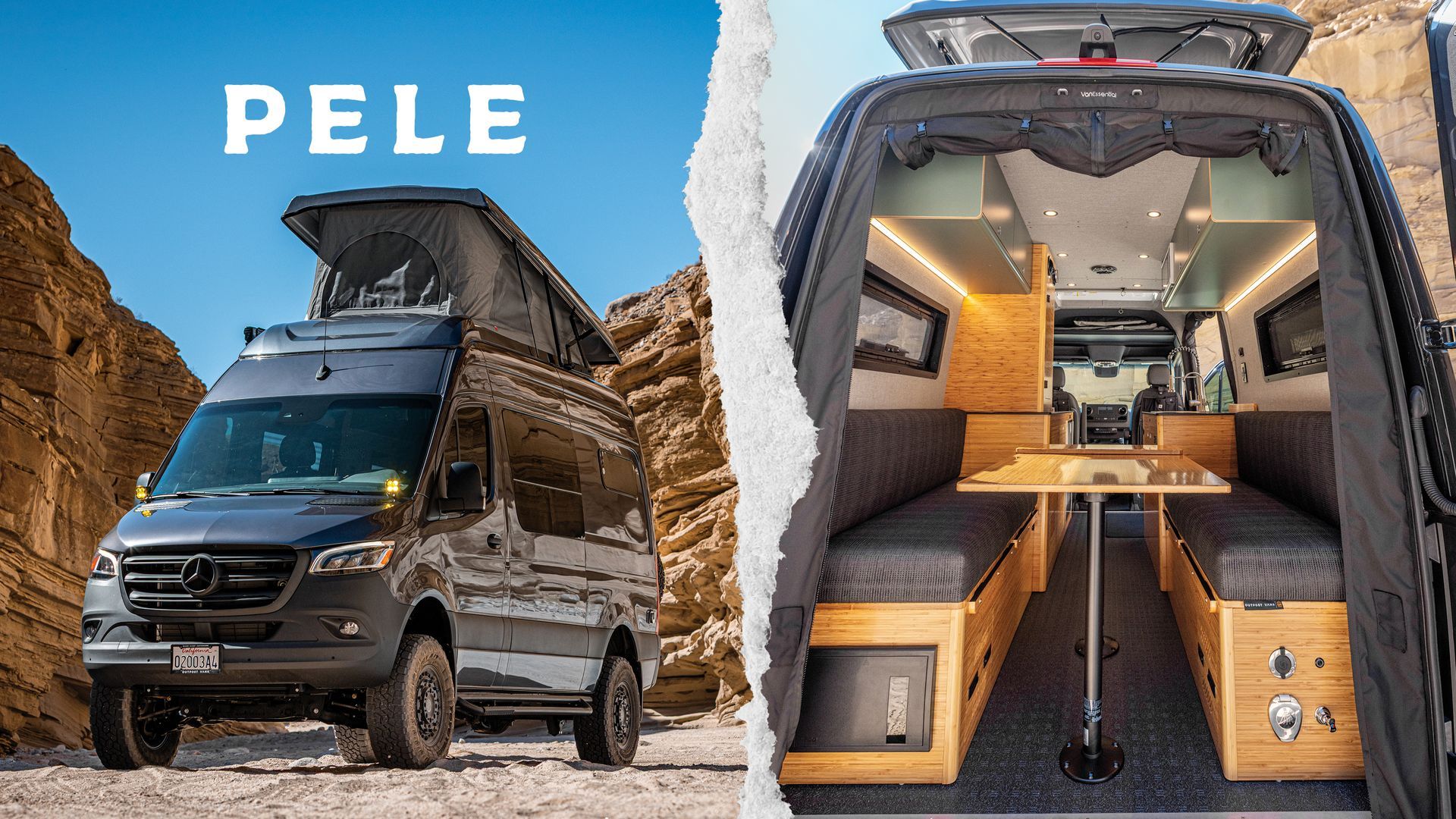 A van with a pop up roof is parked in the desert next to a mountain.