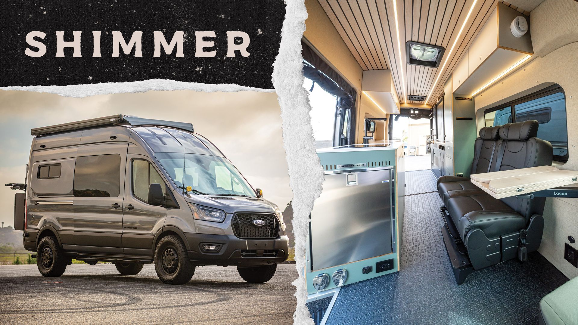 Gray camper van with “Shimmer” branding, shown outside and inside with a compact bed and dining area.